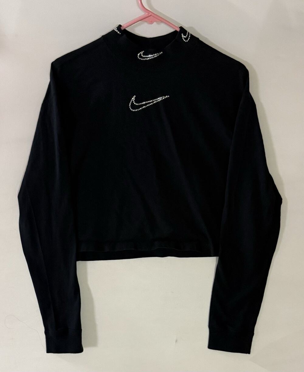 Nike Rhinestone Swoosh Cropped Mock Neck Long Sleeve Black L A152
